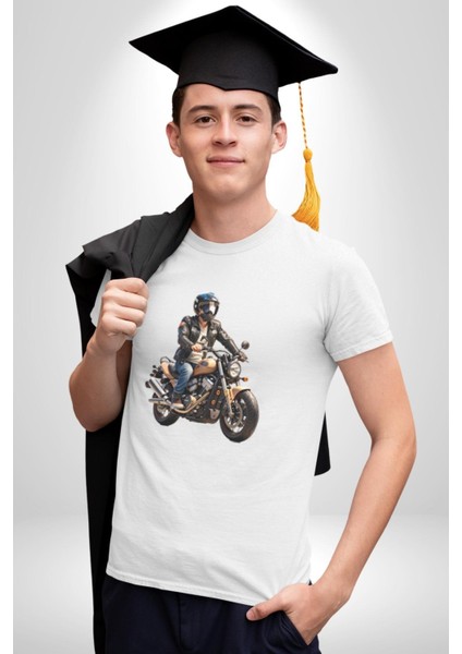 Kask Motorsiklet Dünya Turu Kadın Erkek Unisex Beyaz Organik Baskılı T-Shirt Penye Yüksek Kalite