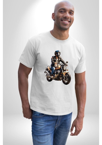 Kask Motorsiklet Dünya Turu Kadın Erkek Unisex Beyaz Organik Baskılı T-Shirt Penye Yüksek Kalite