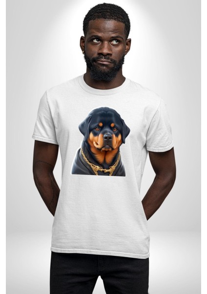 Rottweiler Koca Kafa Puppy Kadın Erkek Unisex Beyaz Organik Baskılı T-Shirt Penye Yüksek Kalite