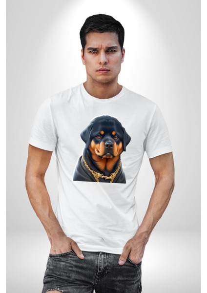 Rottweiler Koca Kafa Puppy Kadın Erkek Unisex Beyaz Organik Baskılı T-Shirt Penye Yüksek Kalite fiyatları