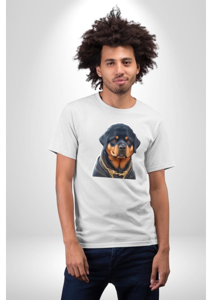 Rottweiler Koca Kafa Puppy Kadın Erkek Unisex Beyaz Organik Baskılı T-Shirt Penye Yüksek Kalite fırsatları