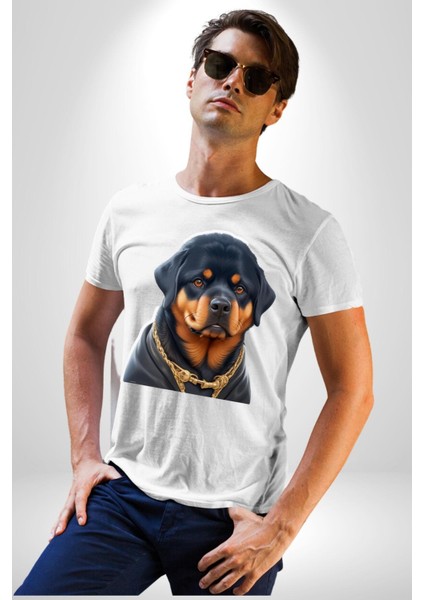 Rottweiler Koca Kafa Puppy Kadın Erkek Unisex Beyaz Organik Baskılı T-Shirt Penye Yüksek Kalite indirimleri