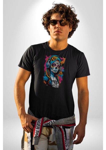 Kulaklık Müzik Dinleyen Kız Kadın Erkek Unisex Siyah Organik Baskılı T-Shirt Penye Yüksek Kalite indirimleri