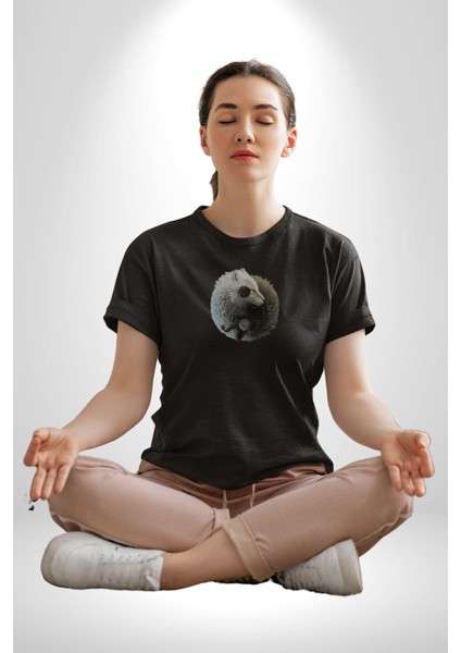 Yin Ile Yang Siyah Siyah Kurt Kadın Erkek Unisex Siyah Organik Baskılı T-Shirt Penye Yüksek Kalite