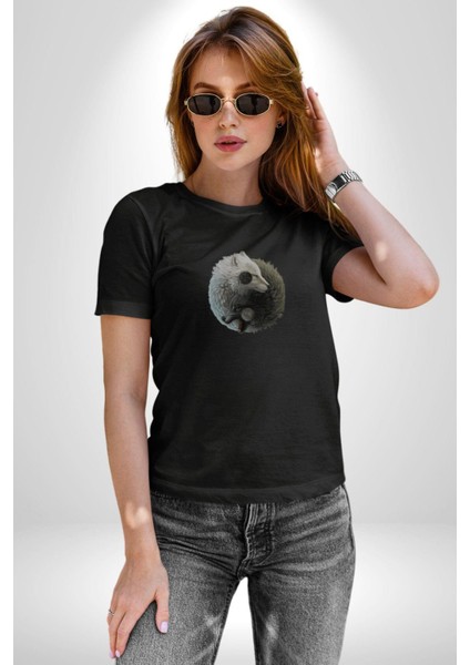 Yin Ile Yang Siyah Siyah Kurt Kadın Erkek Unisex Siyah Organik Baskılı T-Shirt Penye Yüksek Kalite fırsatları