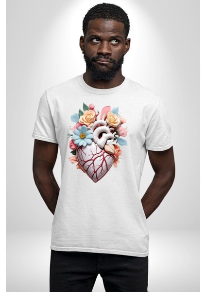 Porselen Çiçek Kalp Kadın Erkek Unisex Beyaz Organik Baskılı T-Shirt Penye Yüksek Kalite