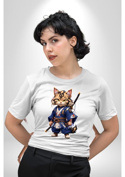 Asyalı Kedi Samuray Savaşcı Kadın Erkek Unisex Beyaz Organik Baskılı T-Shirt Penye Yüksek Kalite
