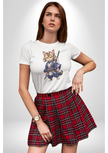 Asyalı Kedi Samuray Savaşcı Kadın Erkek Unisex Beyaz Organik Baskılı T-Shirt Penye Yüksek Kalite fiyatları