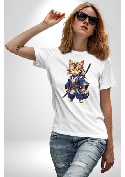 Asyalı Kedi Samuray Savaşcı Kadın Erkek Unisex Beyaz Organik Baskılı T-Shirt Penye Yüksek Kalite modelleri