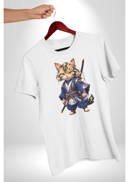 Asyalı Kedi Samuray Savaşcı Kadın Erkek Unisex Beyaz Organik Baskılı T-Shirt Penye Yüksek Kalite fırsatları
