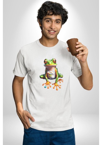 Frog Kurbağa Prens Kadın Erkek Unisex Beyaz Organik Baskılı T-Shirt Penye Yüksek Kalite indirimleri