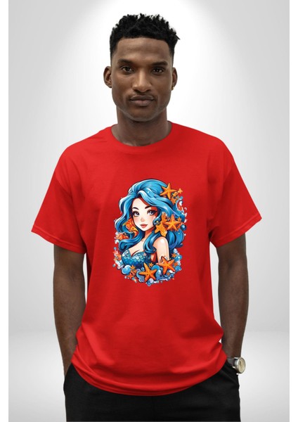 Deniz Kızı Deniz Yıldızı Mavi Saçlı Pamuklu Bisiklet Yaka Kadın Erkek Oversize Boyfriend Dijital Baskılı Kırmızı T-Shirt