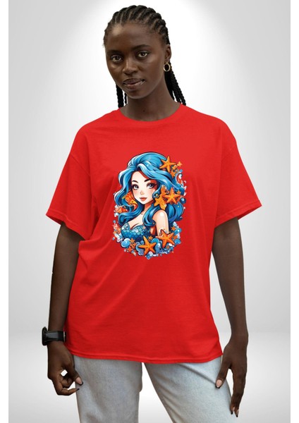 Deniz Kızı Deniz Yıldızı Mavi Saçlı Pamuklu Bisiklet Yaka Kadın Erkek Oversize Boyfriend Dijital Baskılı Kırmızı T-Shirt indirimleri