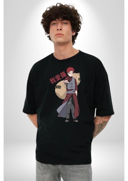 Naruto Shippuden Gaara Pamuklu Bisiklet Yaka Kadın Erkek Oversize Boyfriend Dijital Baskılı Siyah T-Shirt