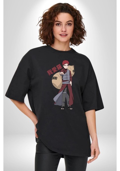 Naruto Shippuden Gaara Pamuklu Bisiklet Yaka Kadın Erkek Oversize Boyfriend Dijital Baskılı Siyah T-Shirt