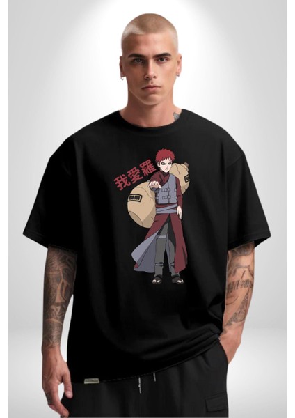 Naruto Shippuden Gaara Pamuklu Bisiklet Yaka Kadın Erkek Oversize Boyfriend Dijital Baskılı Siyah T-Shirt