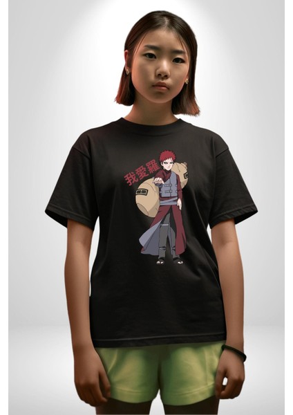 Naruto Shippuden Gaara Pamuklu Bisiklet Yaka Kadın Erkek Oversize Boyfriend Dijital Baskılı Siyah T-Shirt