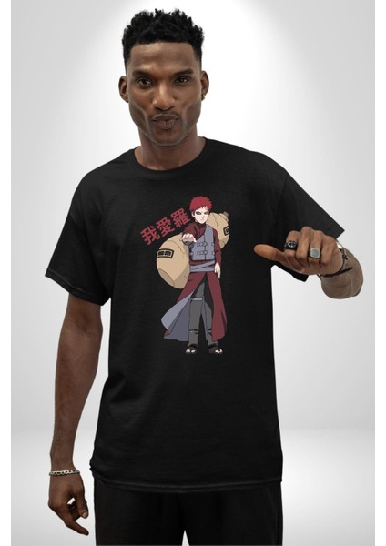 Naruto Shippuden Gaara Pamuklu Bisiklet Yaka Kadın Erkek Oversize Boyfriend Dijital Baskılı Siyah T-Shirt