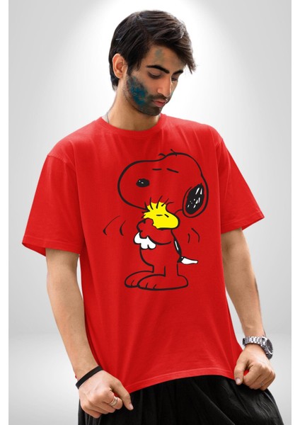 Snoopy Kuş Sevgisi Pamuklu Bisiklet Yaka Kadın Erkek Oversize Boyfriend Dijital Baskılı Kırmızı T-Shirt