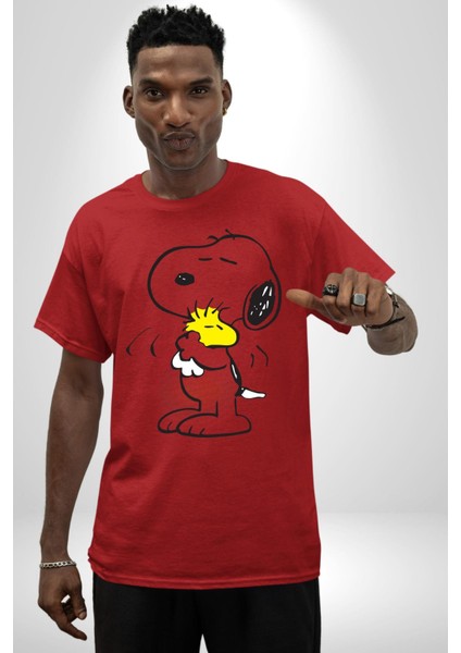 Snoopy Kuş Sevgisi Pamuklu Bisiklet Yaka Kadın Erkek Oversize Boyfriend Dijital Baskılı Kırmızı T-Shirt