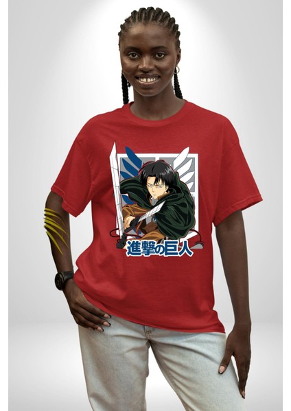 Anime Levi Ackerman Beyaz ve Siyah Kanatlar Pamuklu Bisiklet Yaka Kadın Erkek Oversize Boyfriend Dijital Baskılı Kırmızı T-Shirt