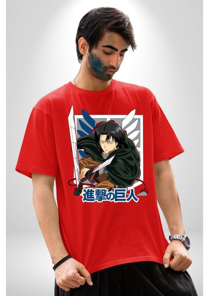 Anime Levi Ackerman Beyaz ve Siyah Kanatlar Pamuklu Bisiklet Yaka Kadın Erkek Oversize Boyfriend Dijital Baskılı Kırmızı T-Shirt fiyatları