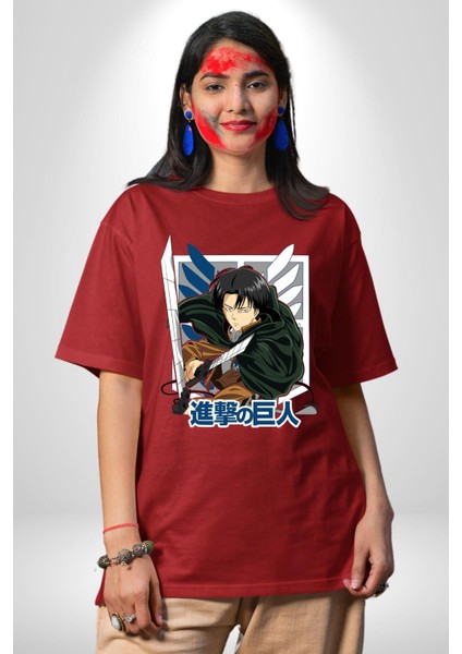 Anime Levi Ackerman Beyaz ve Siyah Kanatlar Pamuklu Bisiklet Yaka Kadın Erkek Oversize Boyfriend Dijital Baskılı Kırmızı T-Shirt modelleri