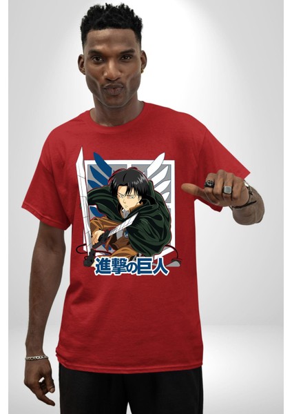 Anime Levi Ackerman Beyaz ve Siyah Kanatlar Pamuklu Bisiklet Yaka Kadın Erkek Oversize Boyfriend Dijital Baskılı Kırmızı T-Shirt fırsatları