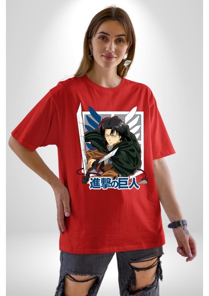 Anime Levi Ackerman Beyaz ve Siyah Kanatlar Pamuklu Bisiklet Yaka Kadın Erkek Oversize Boyfriend Dijital Baskılı Kırmızı T-Shirt indirimleri