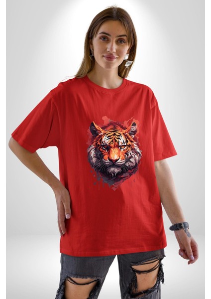 Kaplan Kafası Pamuklu Bisiklet Yaka Kadın Erkek Oversize Boyfriend Dijital Baskılı Kırmızı T-Shirt