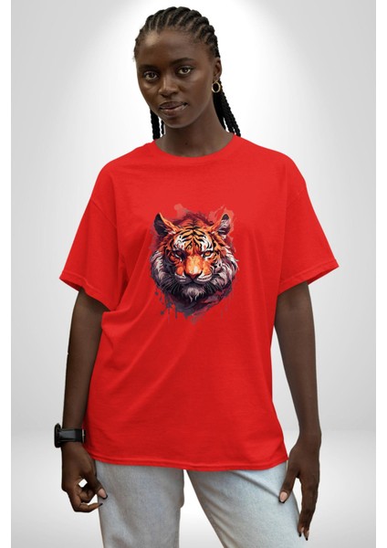 Kaplan Kafası Pamuklu Bisiklet Yaka Kadın Erkek Oversize Boyfriend Dijital Baskılı Kırmızı T-Shirt