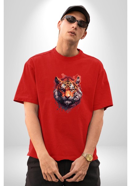 Kaplan Kafası Pamuklu Bisiklet Yaka Kadın Erkek Oversize Boyfriend Dijital Baskılı Kırmızı T-Shirt