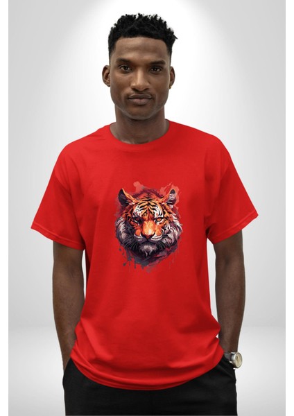 Kaplan Kafası Pamuklu Bisiklet Yaka Kadın Erkek Oversize Boyfriend Dijital Baskılı Kırmızı T-Shirt