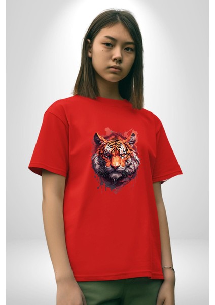 Kaplan Kafası Pamuklu Bisiklet Yaka Kadın Erkek Oversize Boyfriend Dijital Baskılı Kırmızı T-Shirt