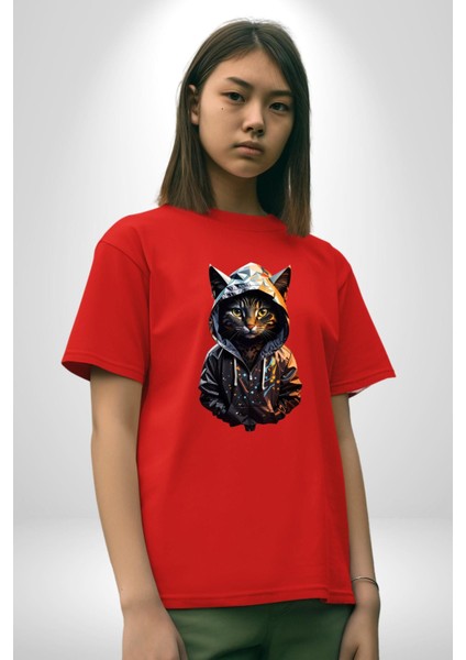 Hip Hop Gençlik Kedi Çeket Pamuklu Bisiklet Yaka Kadın Erkek Oversize Boyfriend Dijital Baskılı Kırmızı T-Shirt modelleri
