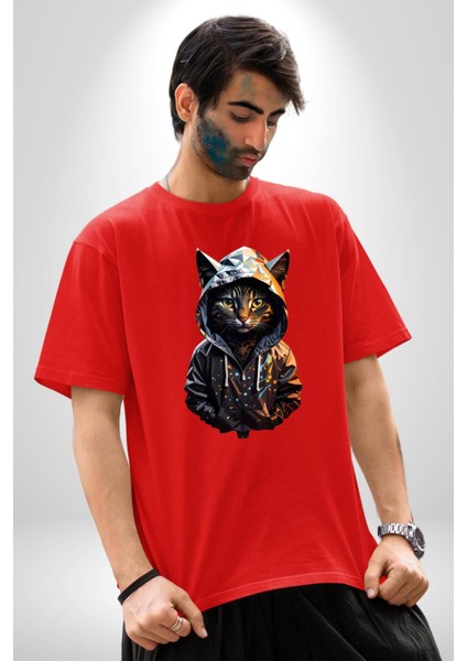 Hip Hop Gençlik Kedi Çeket Pamuklu Bisiklet Yaka Kadın Erkek Oversize Boyfriend Dijital Baskılı Kırmızı T-Shirt fırsatları