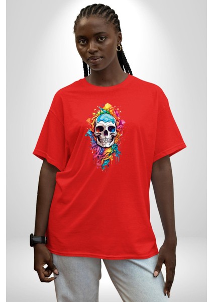 Renkli Kurukafa Pamuklu Bisiklet Yaka Kadın Erkek Oversize Boyfriend Dijital Baskılı Kırmızı T-Shirt modelleri