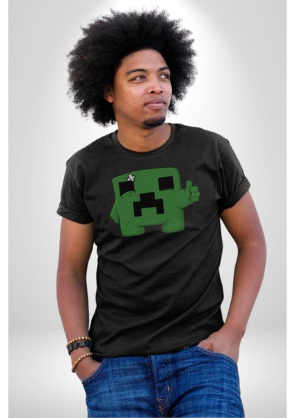 Minecraft Creeper Kadın Erkek Unisex Siyah Organik Baskılı T-Shirt Penye Yüksek Kalite