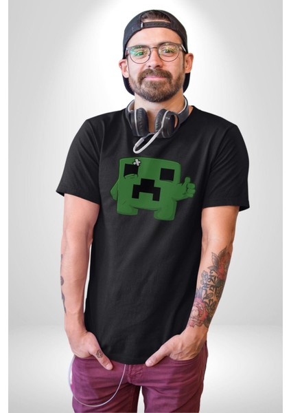 Minecraft Creeper Kadın Erkek Unisex Siyah Organik Baskılı T-Shirt Penye Yüksek Kalite