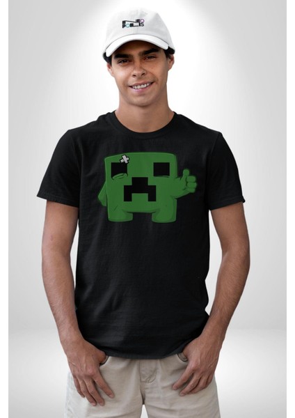 Minecraft Creeper Kadın Erkek Unisex Siyah Organik Baskılı T-Shirt Penye Yüksek Kalite