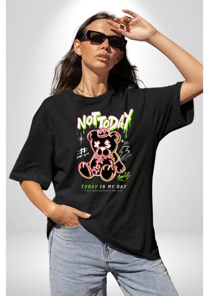 Bugün Değil Pamuklu Bisiklet Yaka Kadın Erkek Oversize Boyfriend Dijital Baskılı Siyah T-Shirt