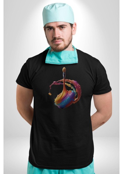 Resim Fırcası Kadın Erkek Unisex Siyah Organik Baskılı T-Shirt Penye Yüksek Kalite