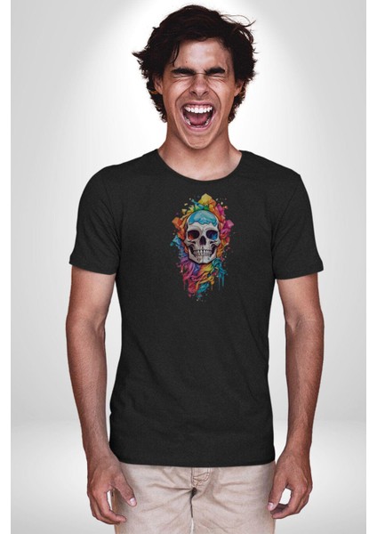 Renkli Kurukafa Kadın Erkek Unisex Siyah Organik Baskılı T-Shirt Penye Yüksek Kalite fırsatları