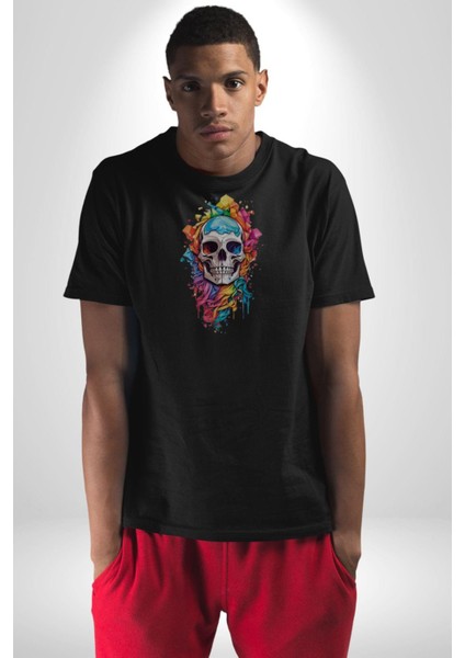 Renkli Kurukafa Kadın Erkek Unisex Siyah Organik Baskılı T-Shirt Penye Yüksek Kalite indirimleri