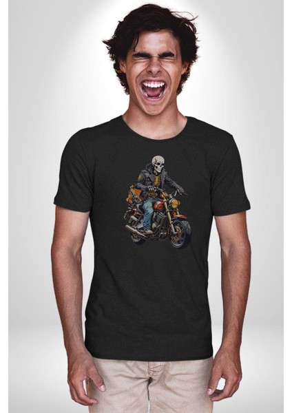 Cehennem Melekleri Motorsiklet Kurukafa Kadın Erkek Unisex Siyah Organik Baskılı T-Shirt Penye Yüksek Kalite