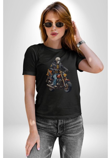 Cehennem Melekleri Motorsiklet Kurukafa Kadın Erkek Unisex Siyah Organik Baskılı T-Shirt Penye Yüksek Kalite