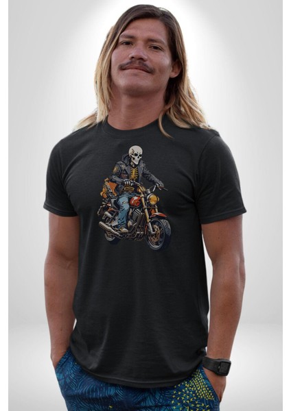 Cehennem Melekleri Motorsiklet Kurukafa Kadın Erkek Unisex Siyah Organik Baskılı T-Shirt Penye Yüksek Kalite
