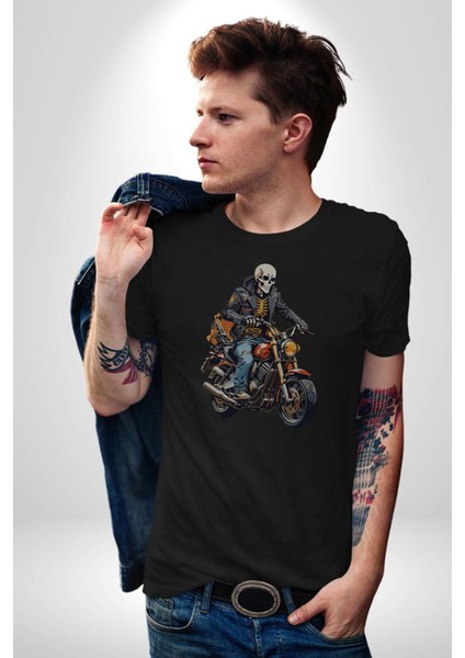 Cehennem Melekleri Motorsiklet Kurukafa Kadın Erkek Unisex Siyah Organik Baskılı T-Shirt Penye Yüksek Kalite