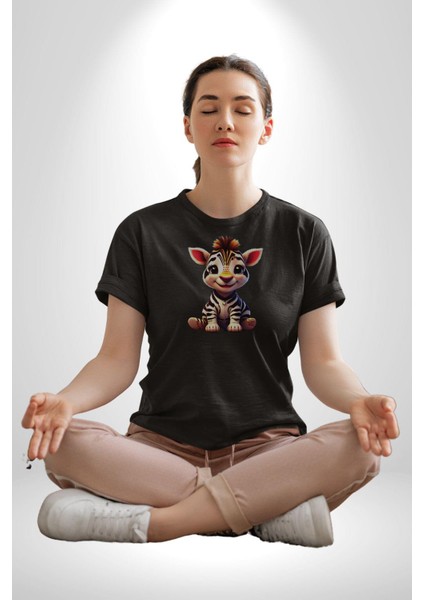 Sevimli Yavru Zebra Kadın Erkek Unisex Siyah Organik Baskılı T-Shirt Penye Yüksek Kalite