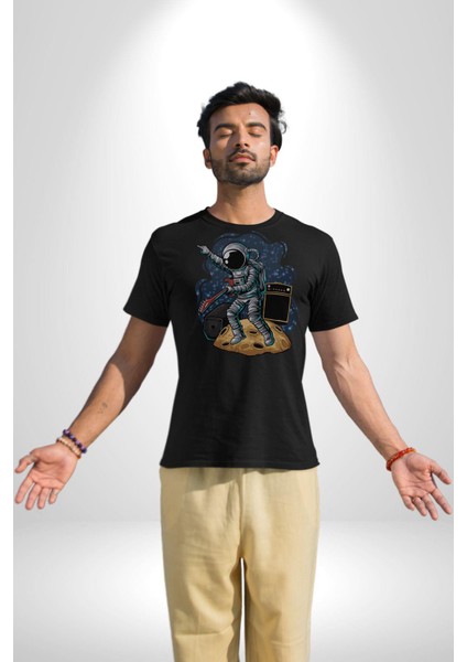 Gitar Astronot Müzik Uzay Kadın Erkek Unisex Siyah Organik Baskılı T-Shirt Penye Yüksek Kalite